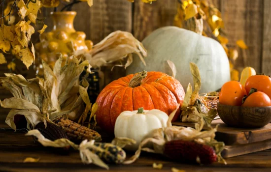 Pumpkins and autumn vegetables on table